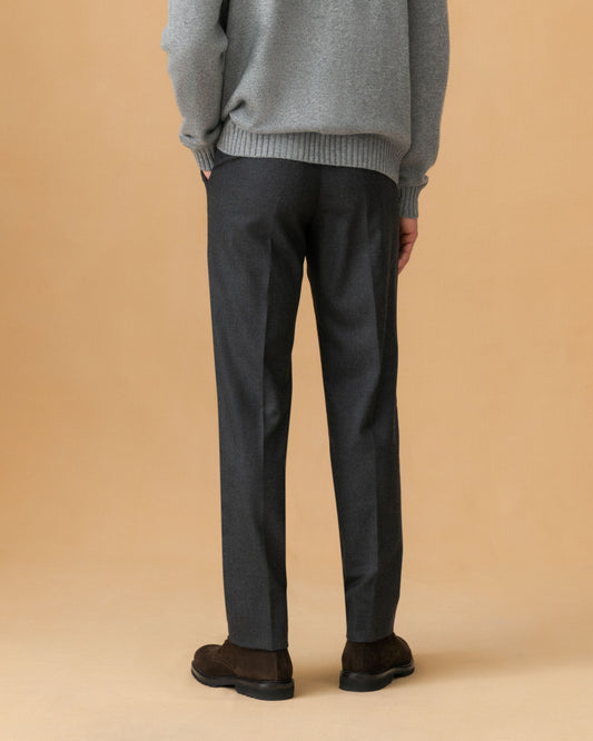 Flannel Single Pleat Elasticated Trousers Dark Grey Back Model Image