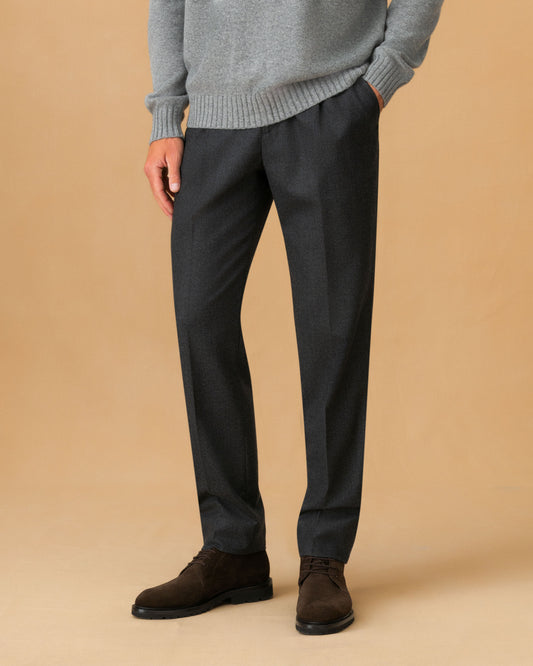 Flannel Single Pleat Elasticated Trousers Dark Grey Cropped Model Image