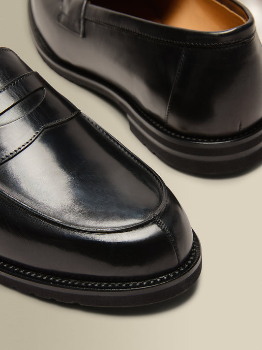 Calf Leather Penny Loafer Shoes Black Detail Product Image