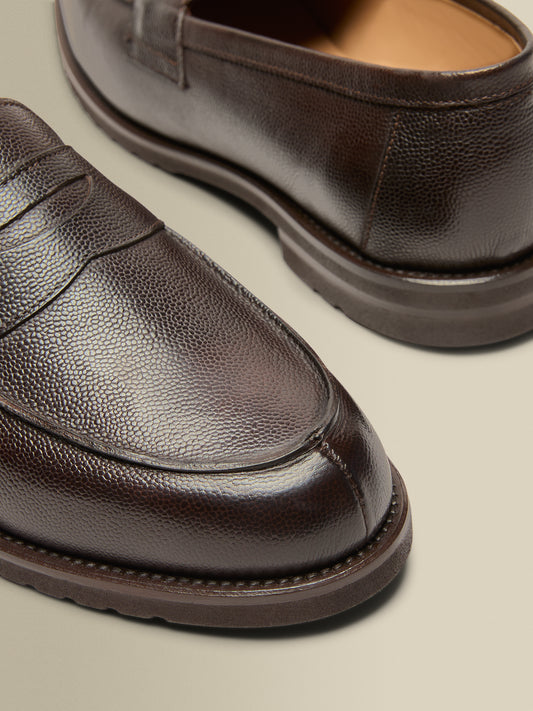 Pebble Grain Calf Leather Penny Loafer Shoes Brown Detail Product Image