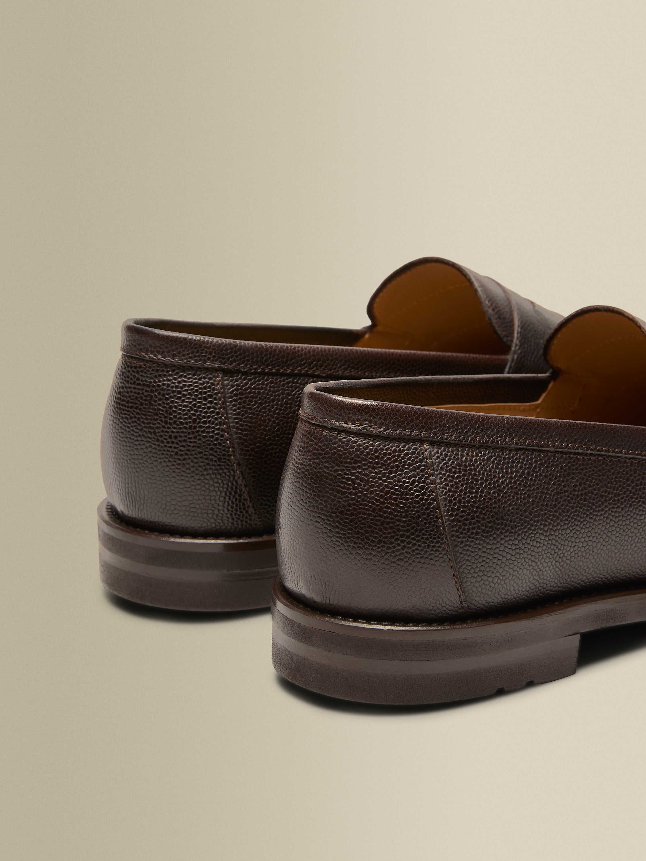 Pebble Grain Calf Leather Penny Loafer Shoes Brown Back Product Image