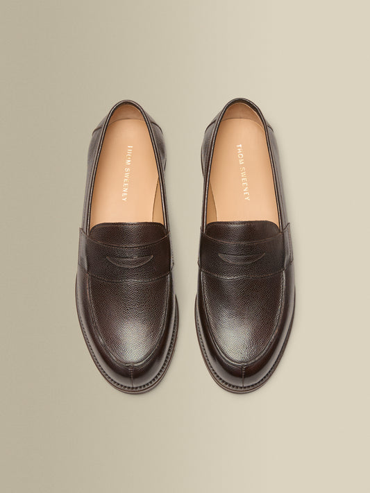 Pebble Grain Calf Leather Penny Loafer Shoes Brown Top Product Image