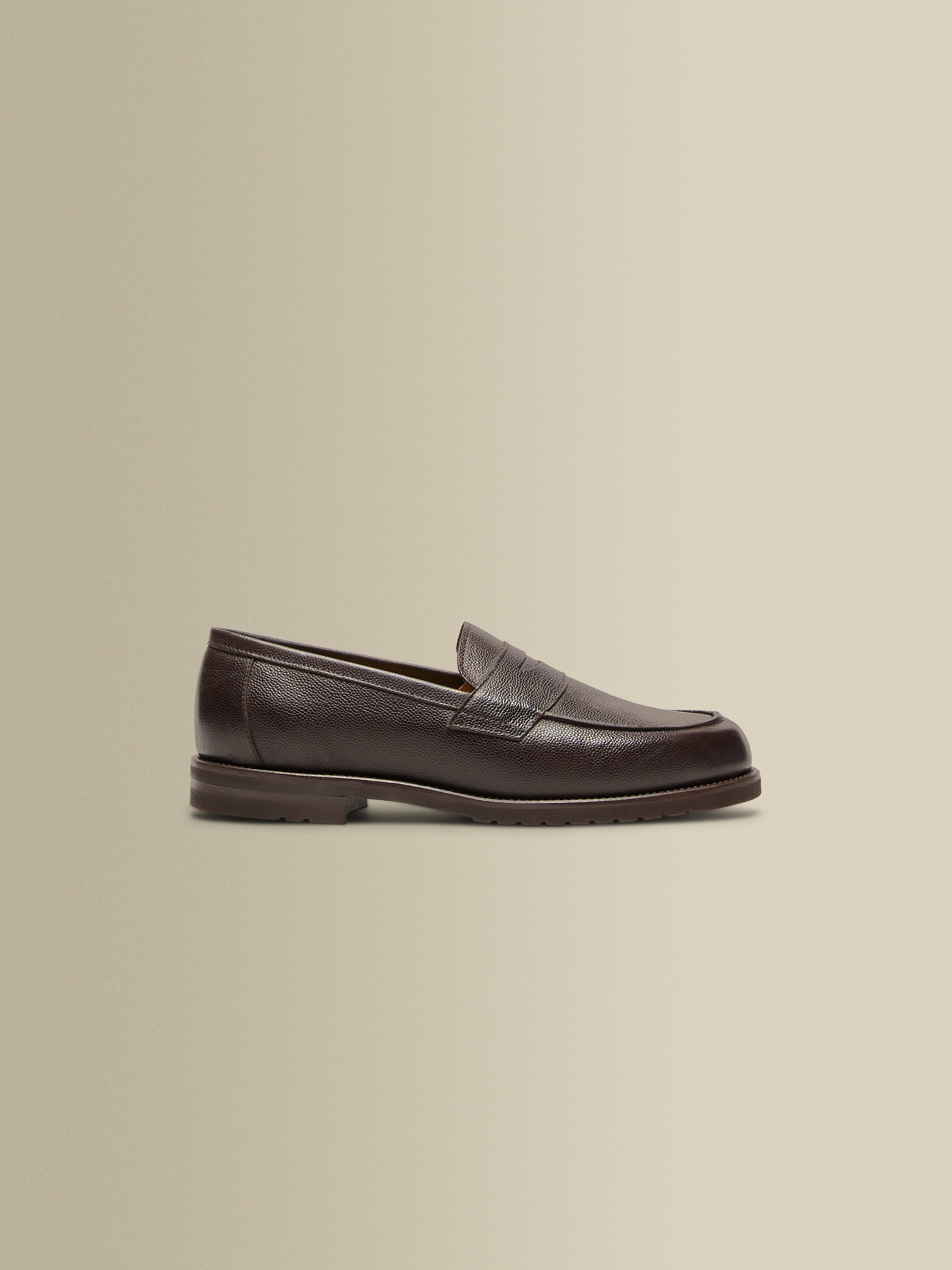 Pebble Grain Calf Leather Penny Loafer Shoes Brown Side Product Image