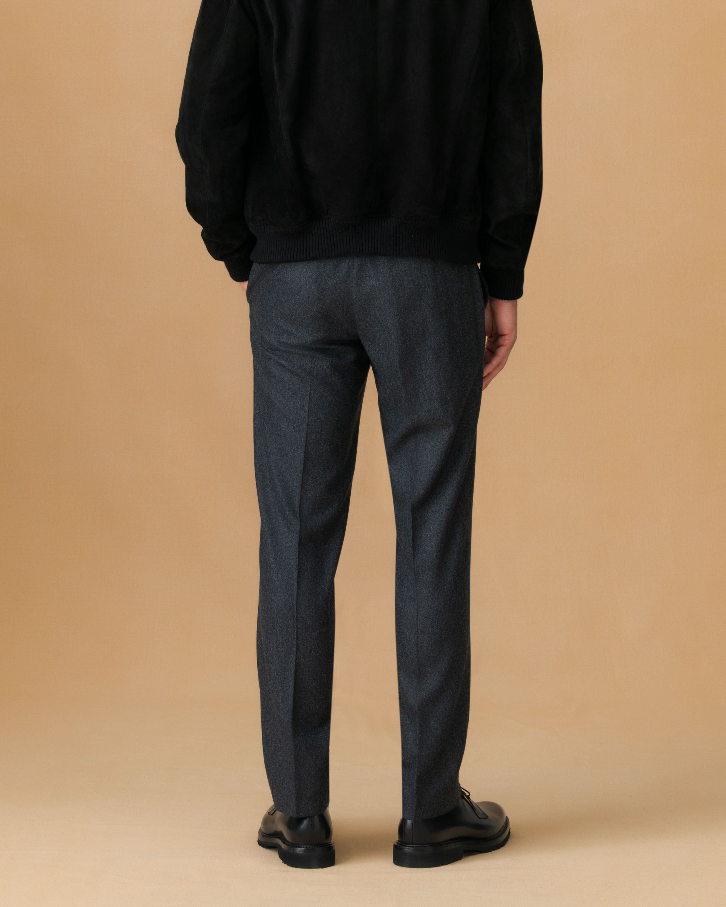 Flannel Flat Front Tailored Trousers Grey Model Back Image