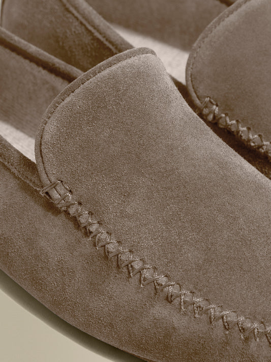 Cashmere Lined Suede Slippers Beige Product Close