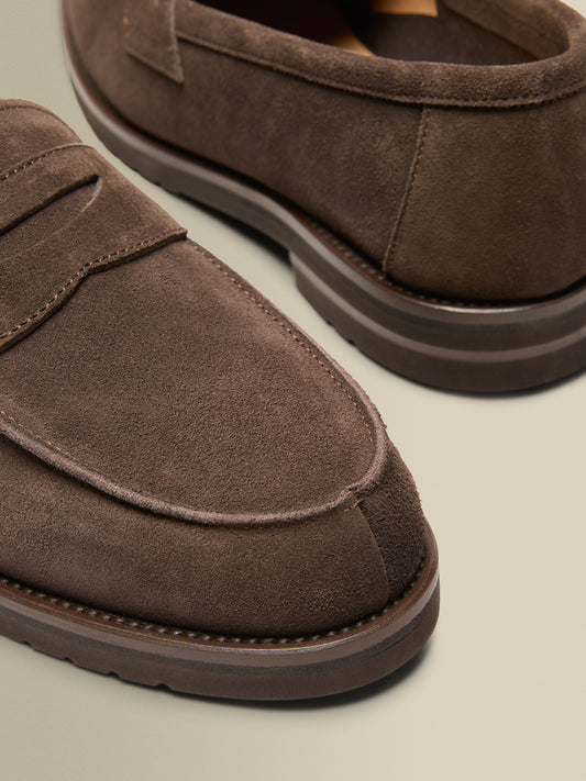 Suede Penny Loafer Shoes Dark Brown Detail Product Image