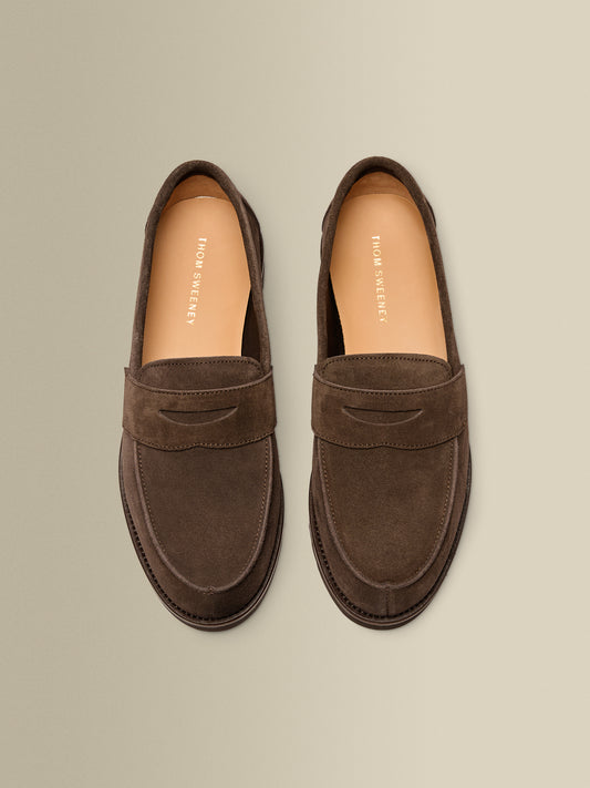 Suede Penny Loafer Shoes Dark Brown Top Product Image