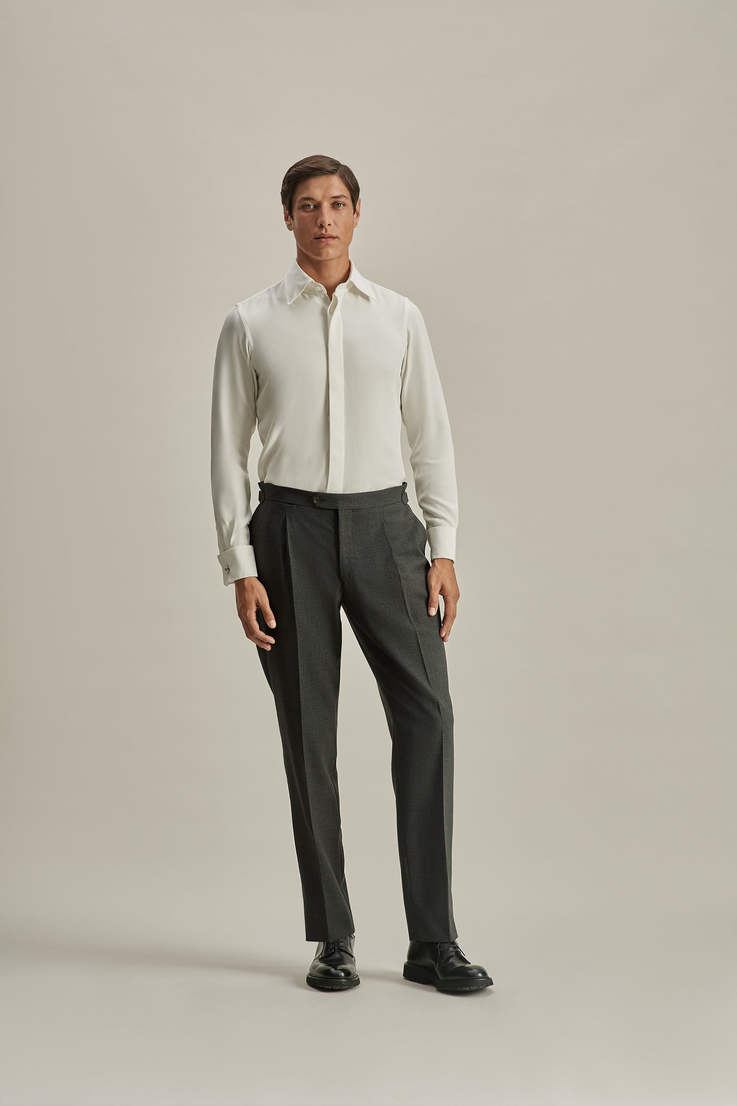 Silk Lecce Collar Fly Front Shirt White Model Image