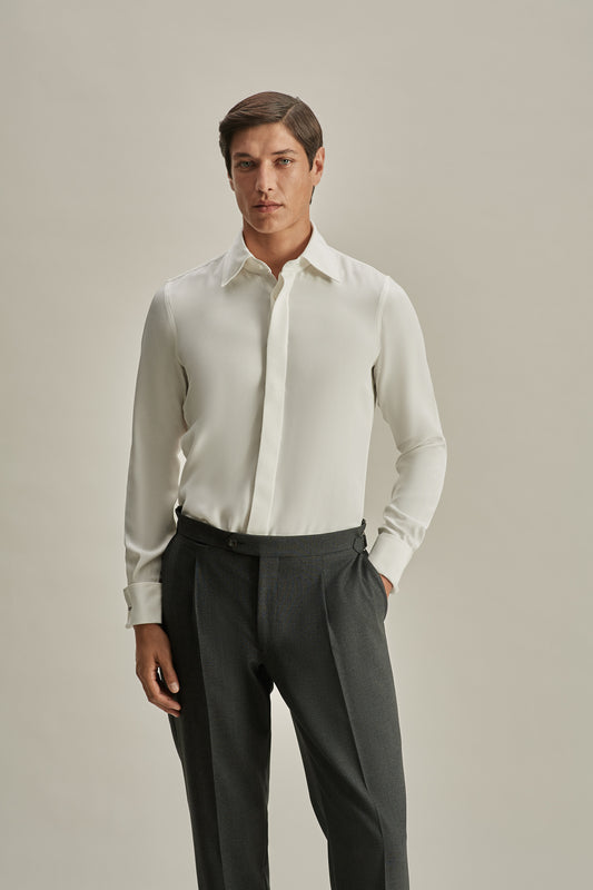 Silk Lecce Collar Fly Front Shirt White Model Cropped Image