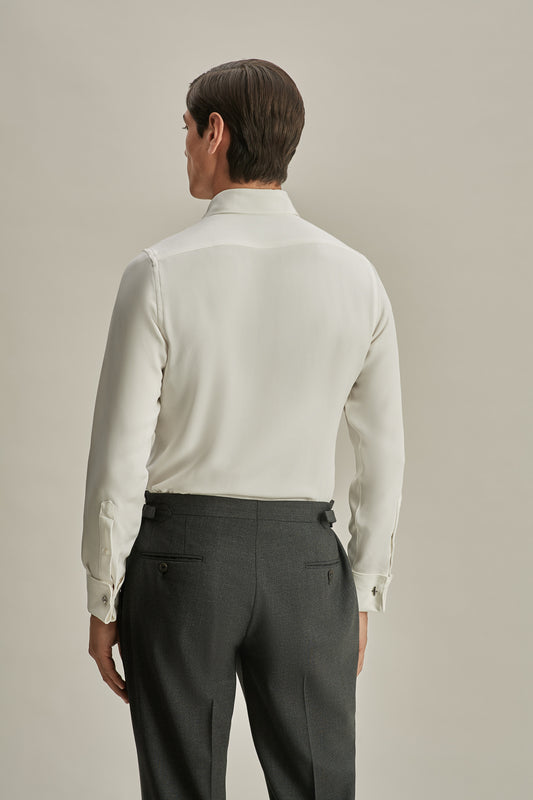 Silk Lecce Collar Fly Front Shirt White Model Cropped Back Image