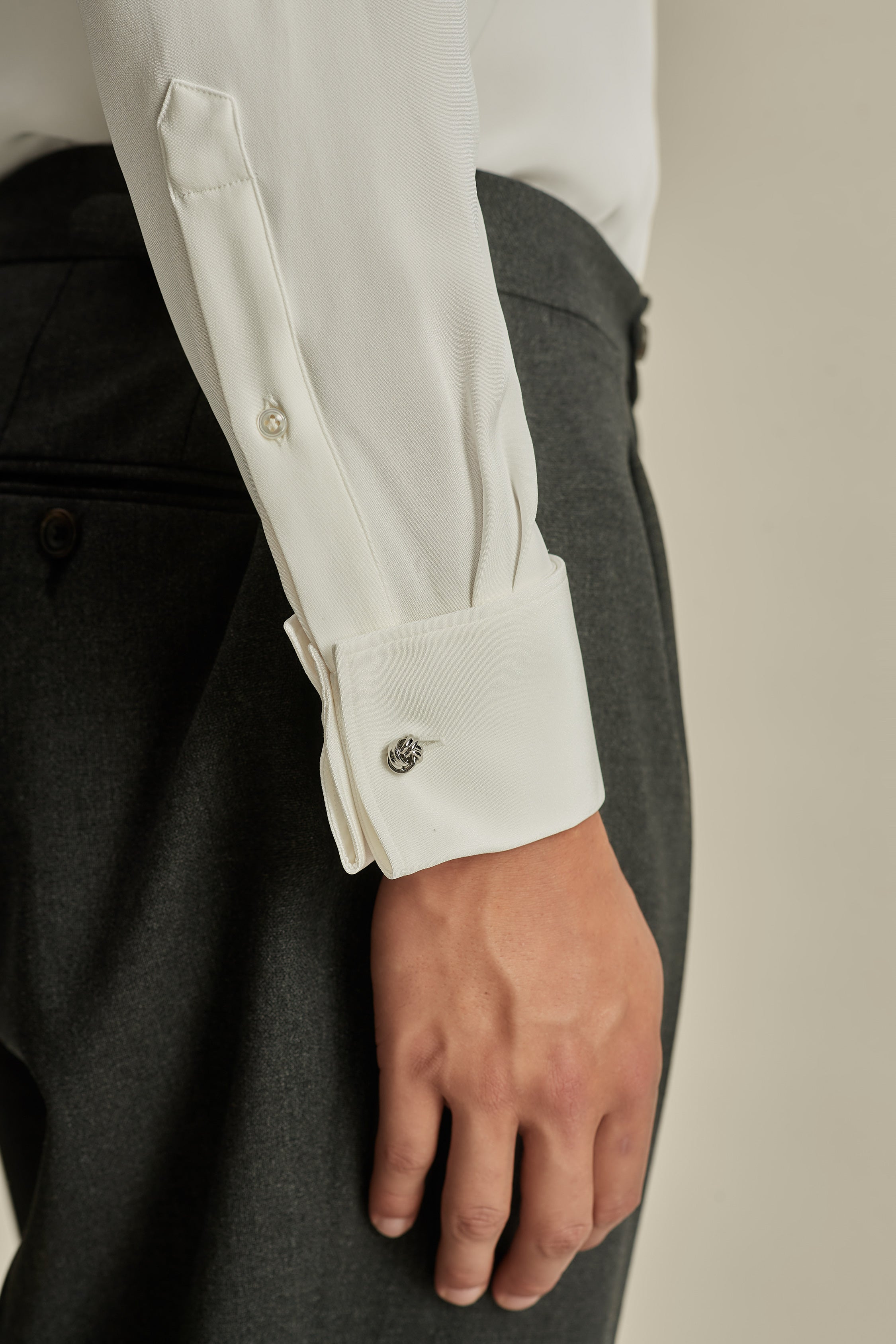 Silk Lecce Collar Fly Front Shirt White Model Sleeve Image