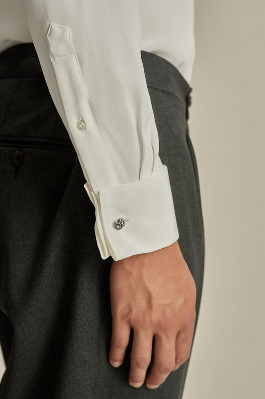 Silk Lecce Collar Fly Front Shirt White Model Sleeve Image