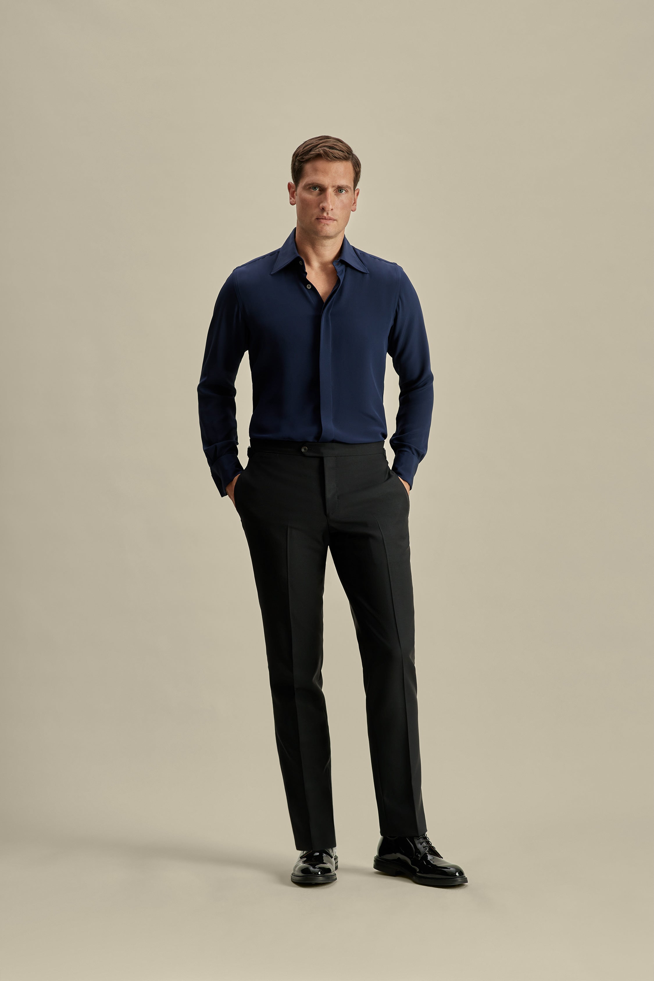 Lecce Collar Fly Front Silk Shirt Navy Model Image