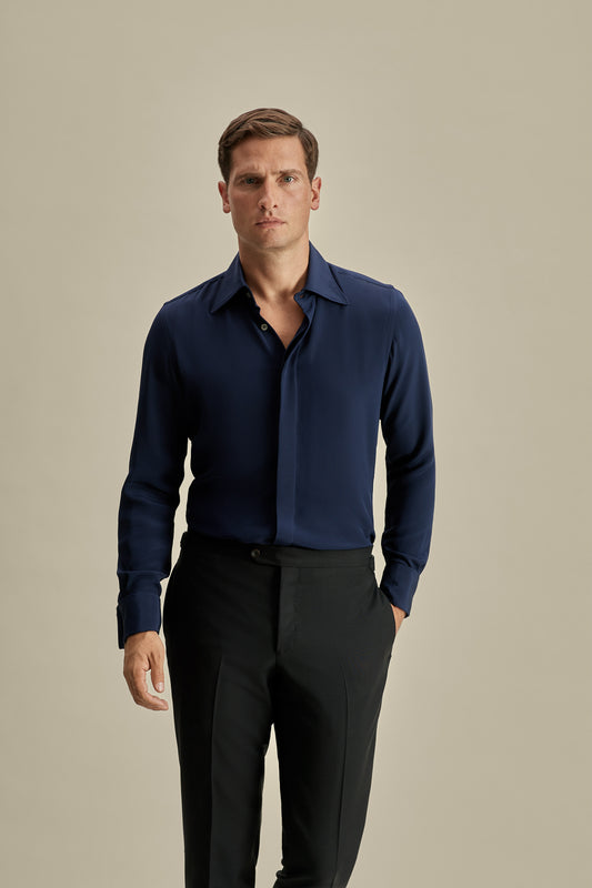 Lecce Collar Fly Front Silk Shirt Navy Model Cropped Image