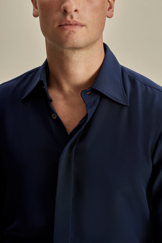 Lecce Collar Fly Front Silk Shirt Navy Model Neck Image