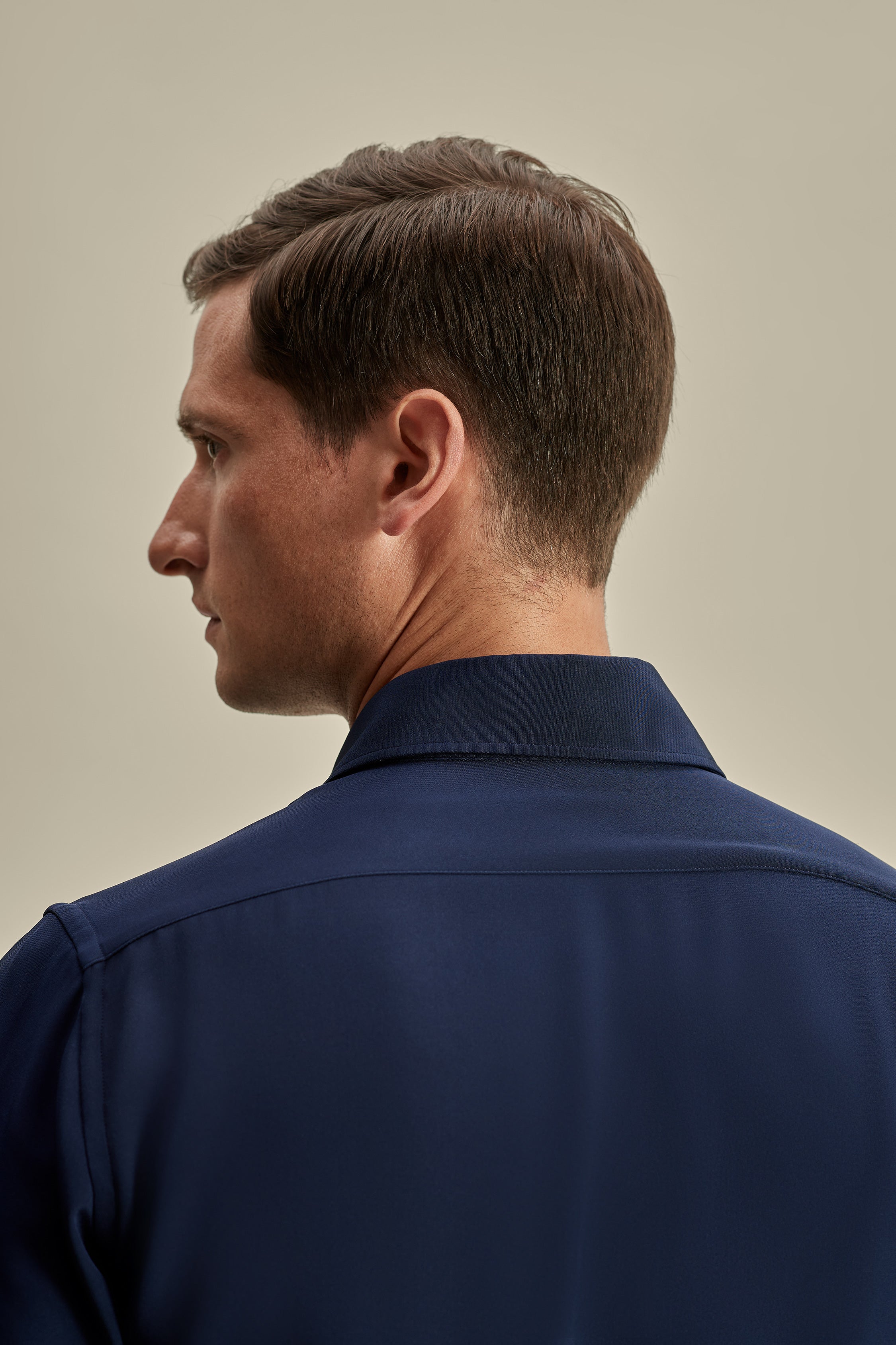 Lecce Collar Fly Front Silk Shirt Navy Model Cropped Back Image