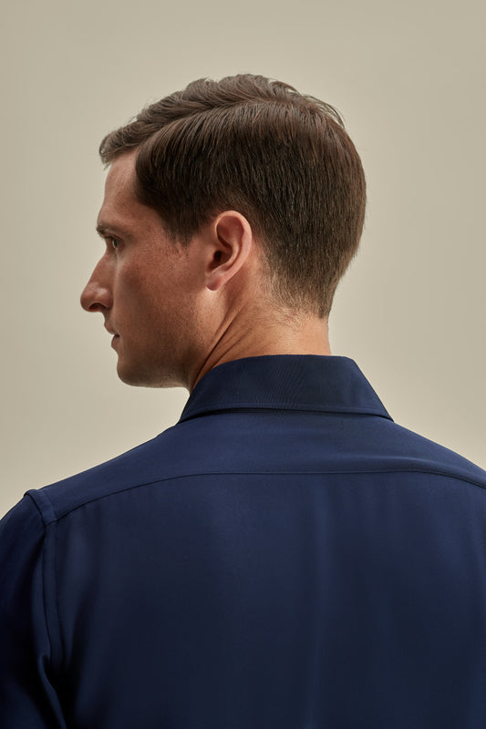 Lecce Collar Fly Front Silk Shirt Navy Model Cropped Back Image