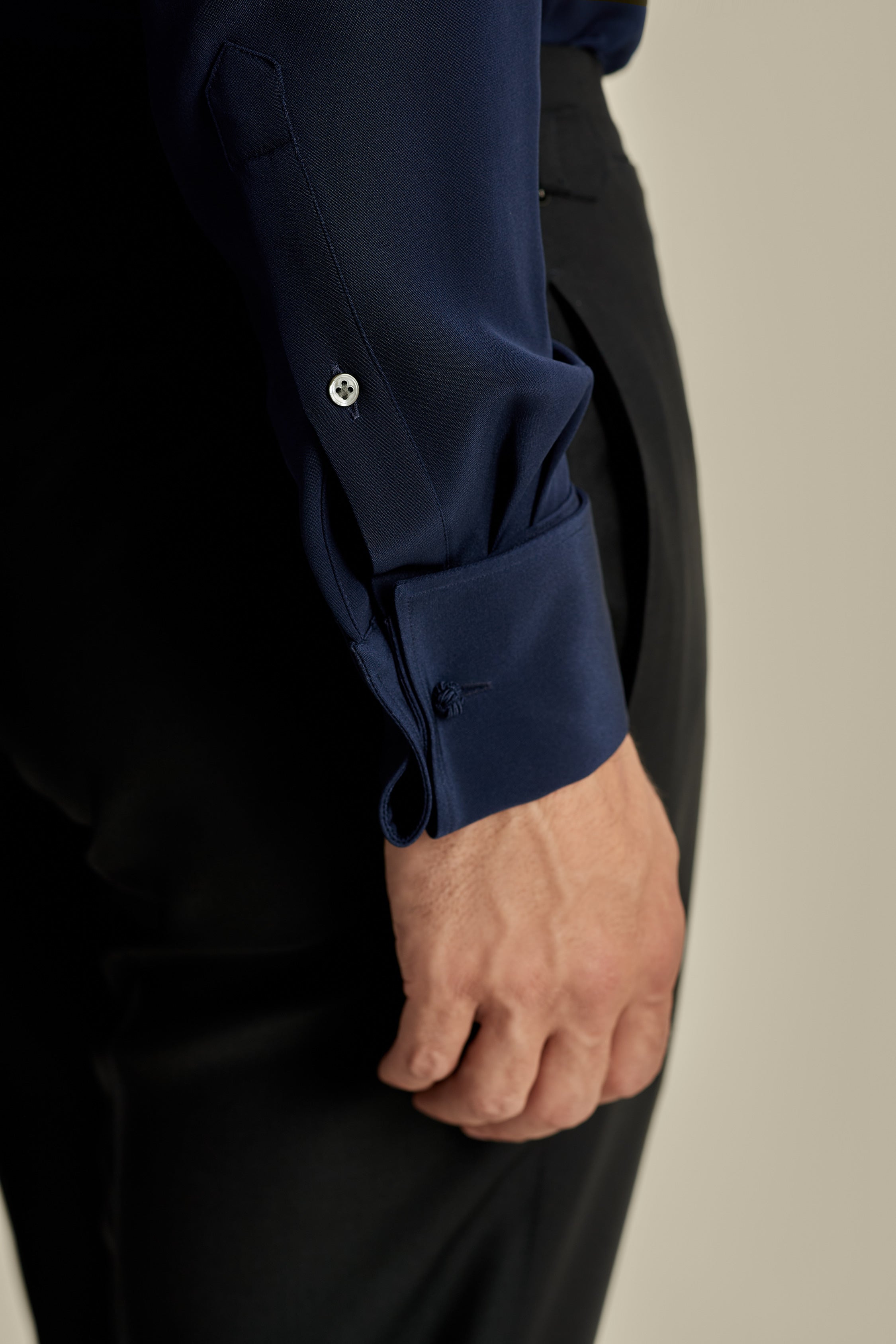 Lecce Collar Fly Front Silk Shirt Navy Model Sleeve Image