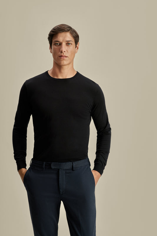 Merino Wool Extrafine Crew Neck Sweater Navy Model Cropped Image