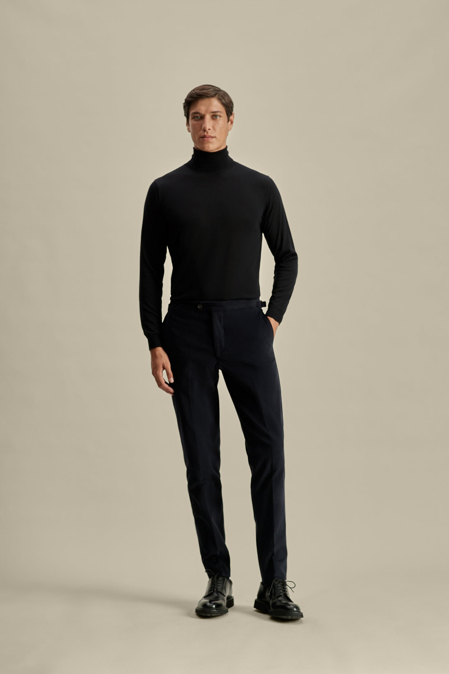 Merino Wool Extrafine Roll Neck Sweater Navy Model Image
