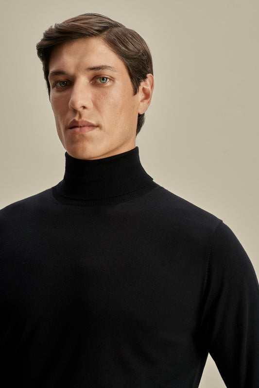 Merino Wool Extrafine Roll Neck Sweater Navy Model Neck Image