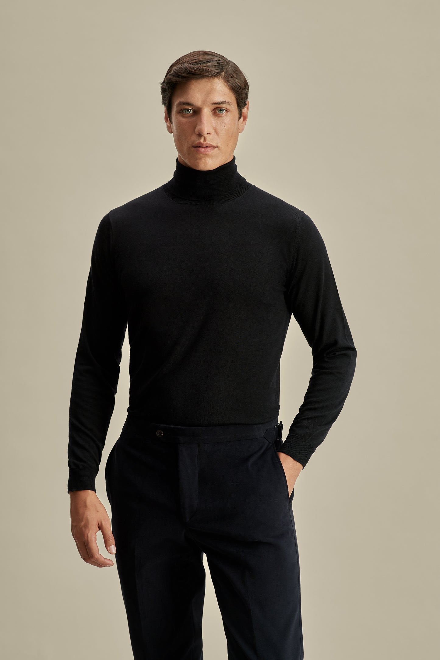 Merino Wool Extrafine Roll Neck Sweater Navy Model Cropped Image