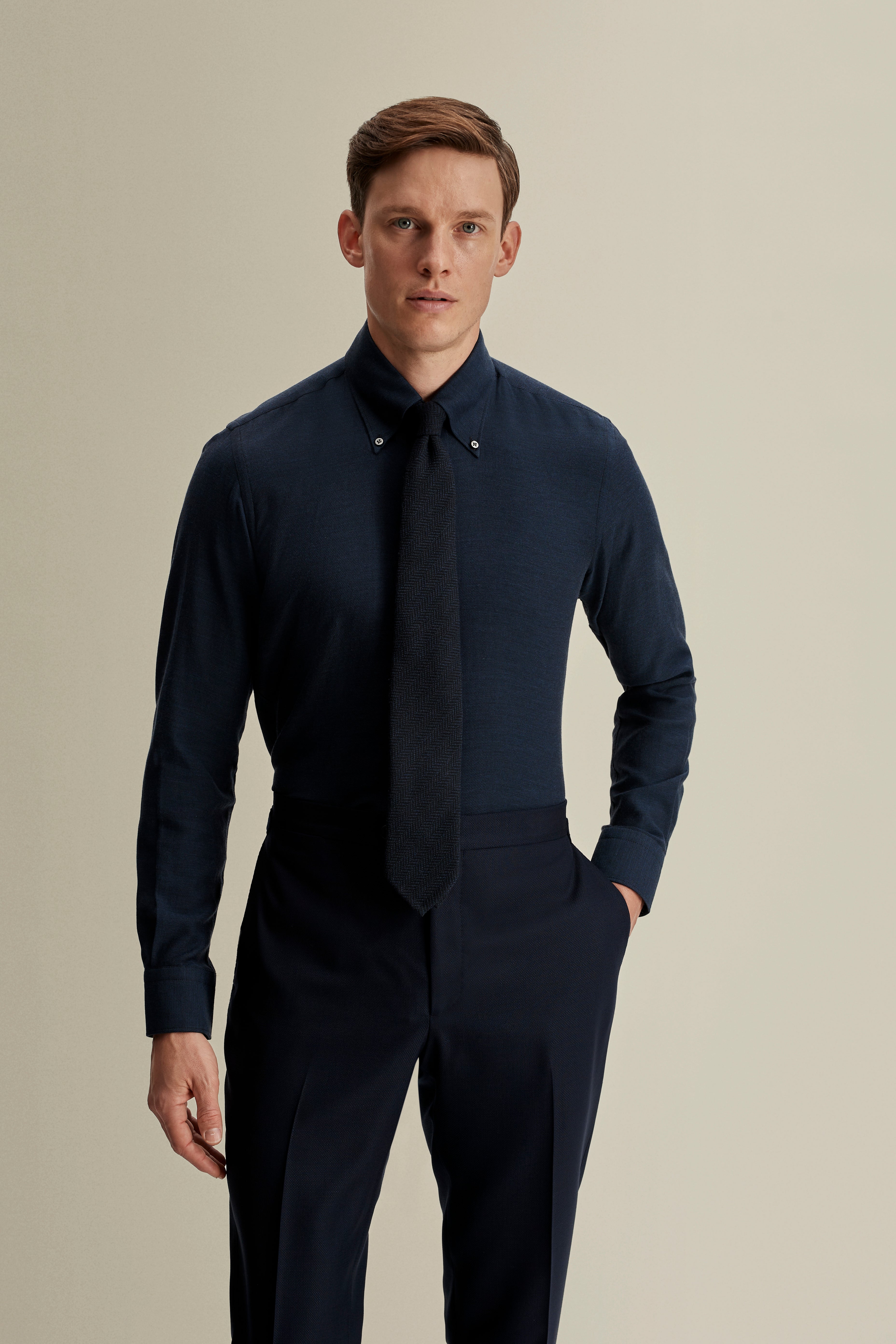 Cotton Cashmere Casual Button Down Oxford Shirt Navy Model Cropped Image