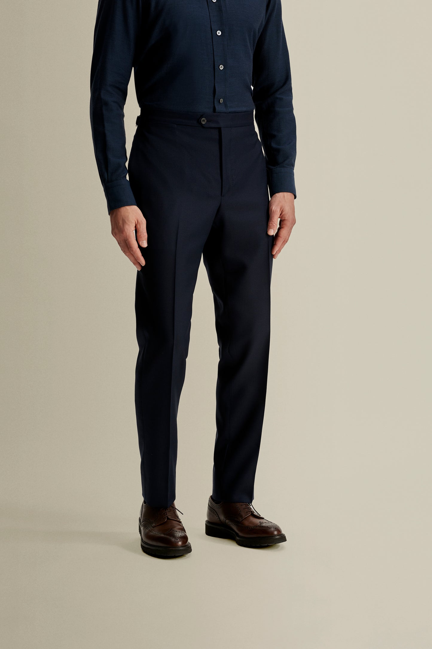 Flat Front Wool Hopsack Trousers Navy Crop Model Image