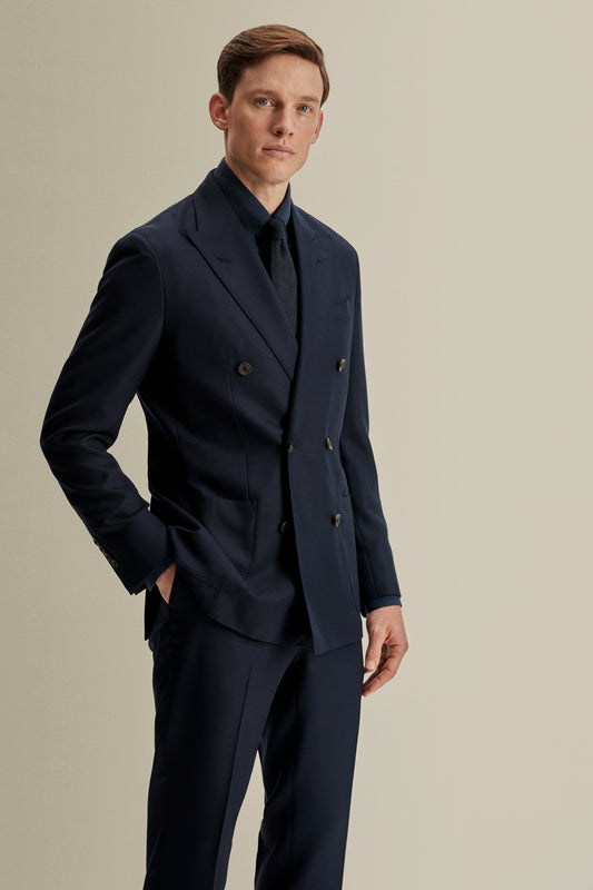Double Breasted Wool Hopsack Jacket Navy Model Crop Image