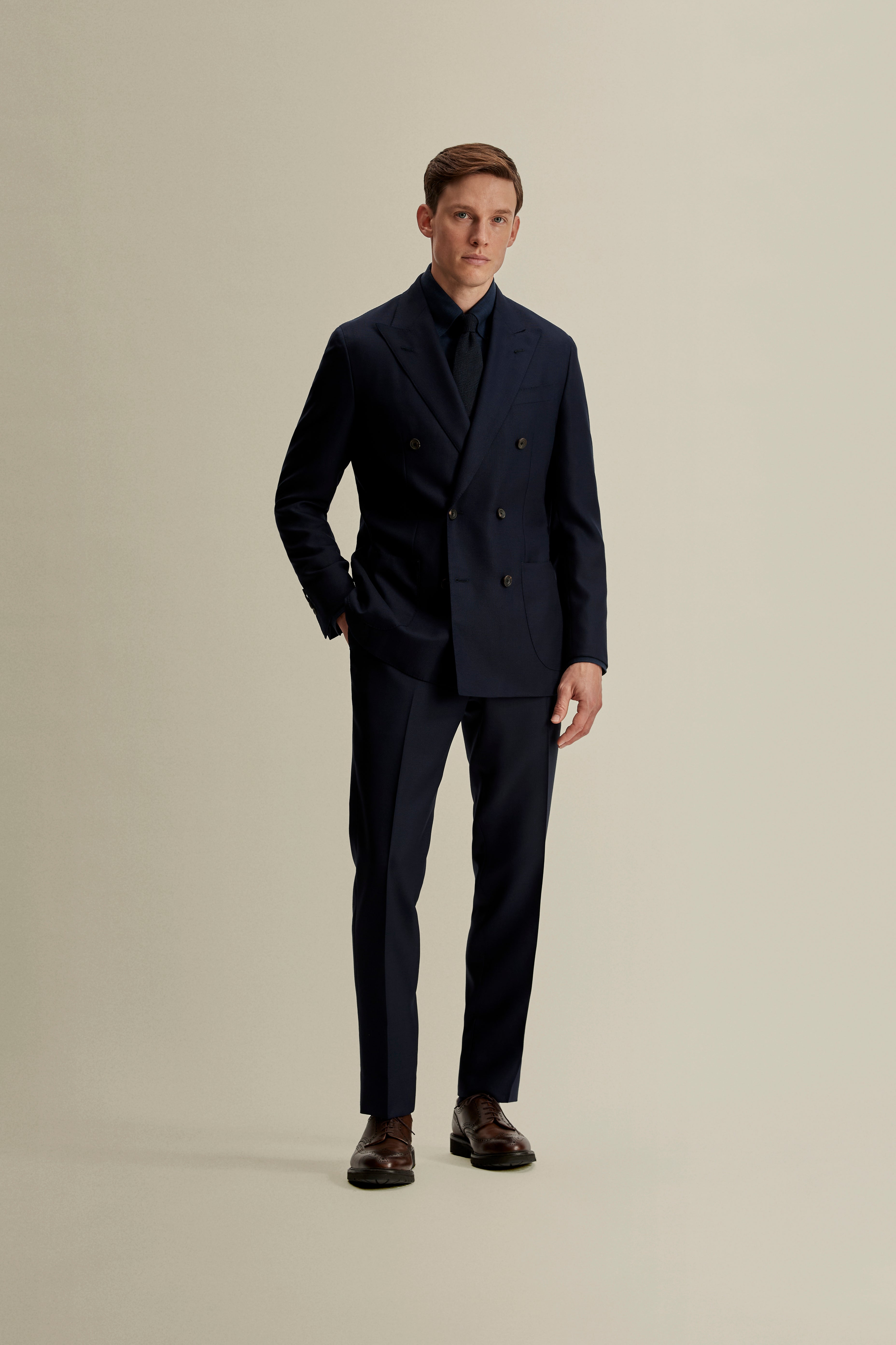 Double Breasted Wool Hopsack Jacket Navy Model Full Length Image