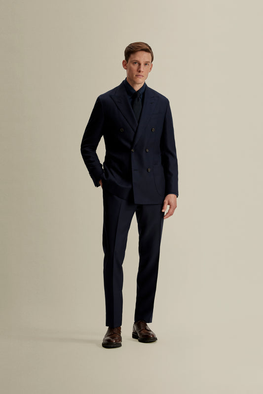 Double Breasted Wool Hopsack Jacket Navy Model Full Length Image