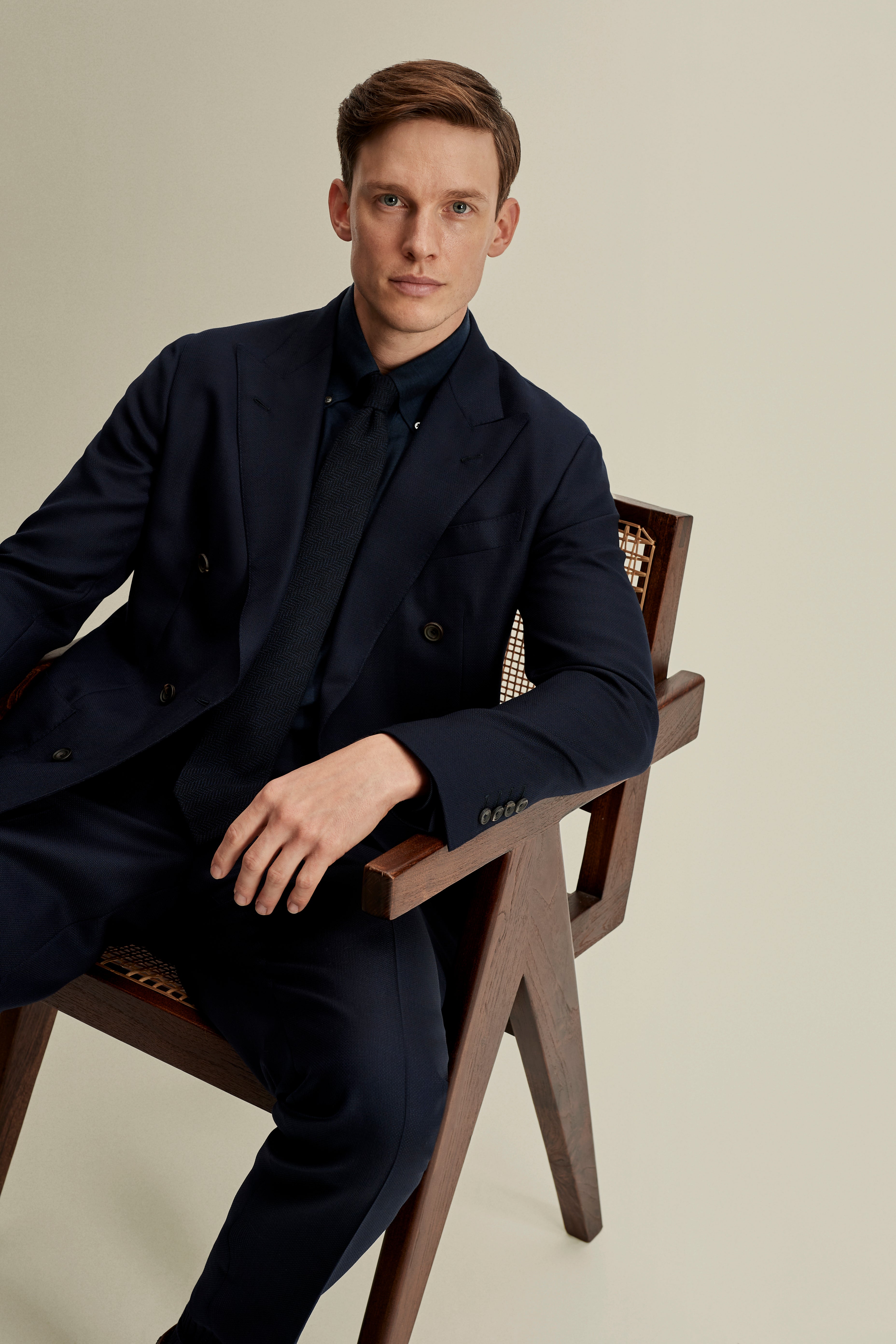 Double Breasted Wool Hopsack Jacket Navy Model Detail Image