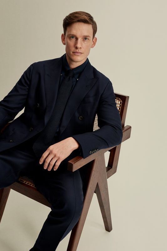 Double Breasted Wool Hopsack Jacket Navy Model Detail Image