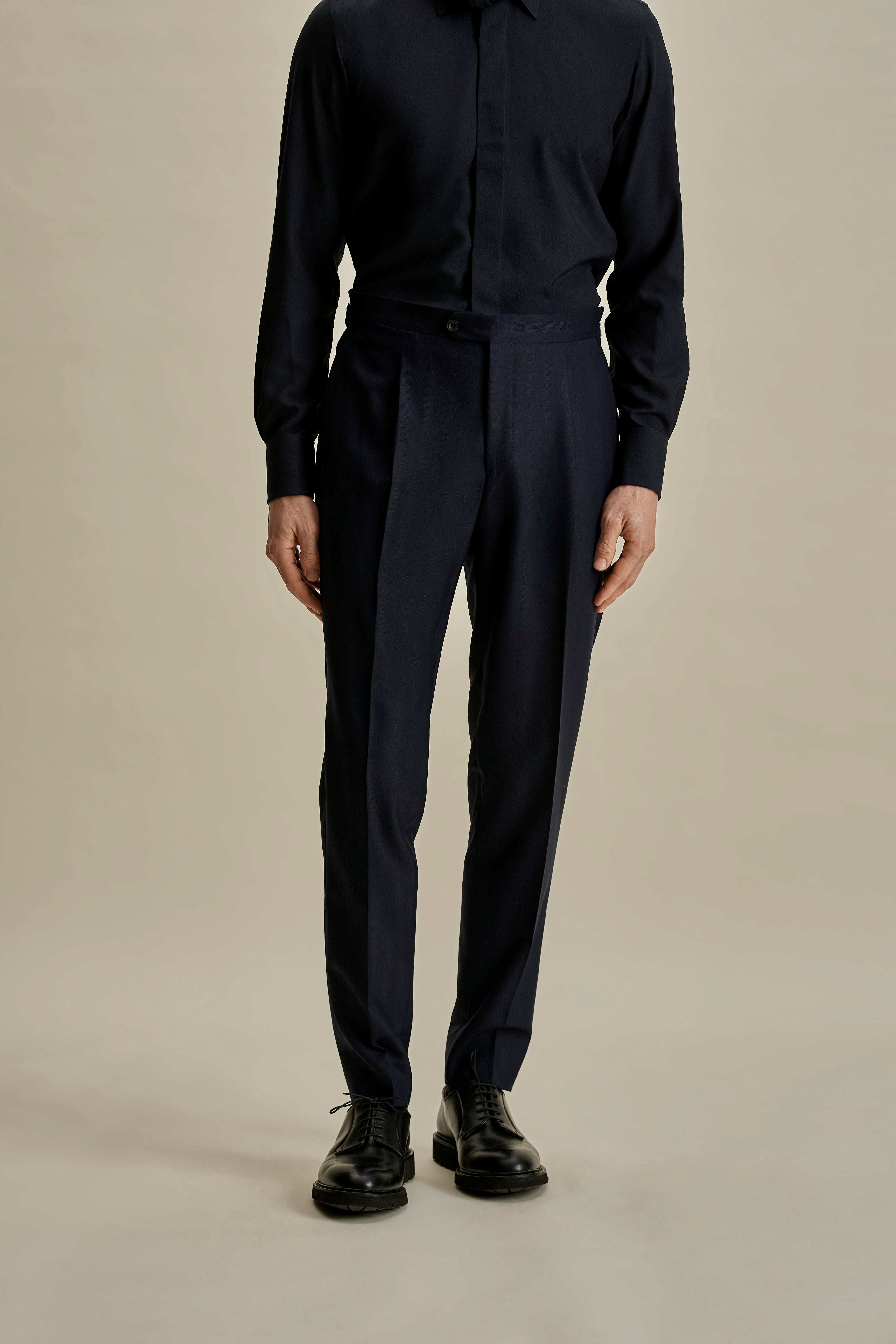 Wool Single Pleat Tailored Trousers Navy Mid Crop Model Image