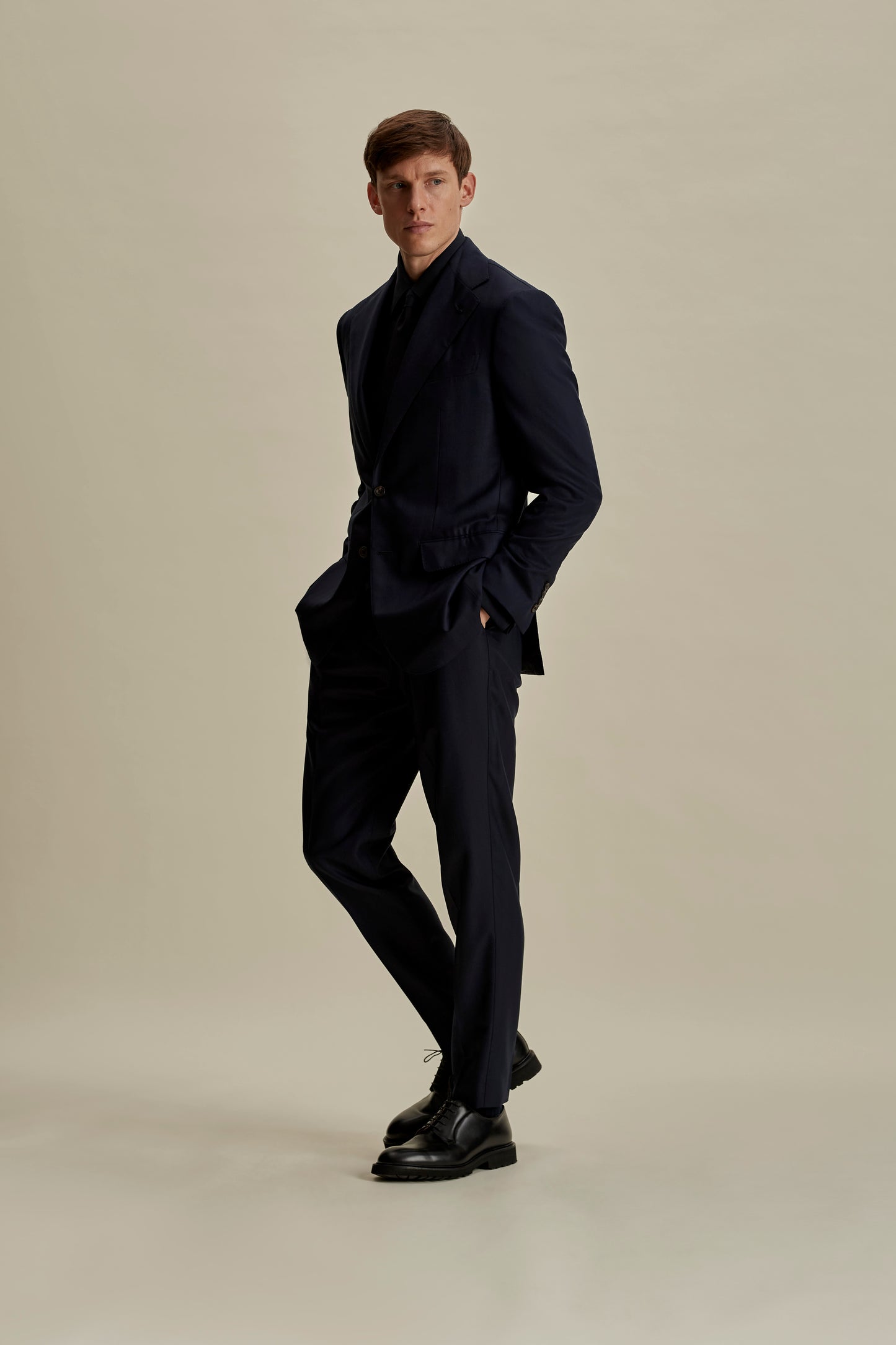 Wool Single Pleat Tailored Trousers Navy Full Length Model Image
