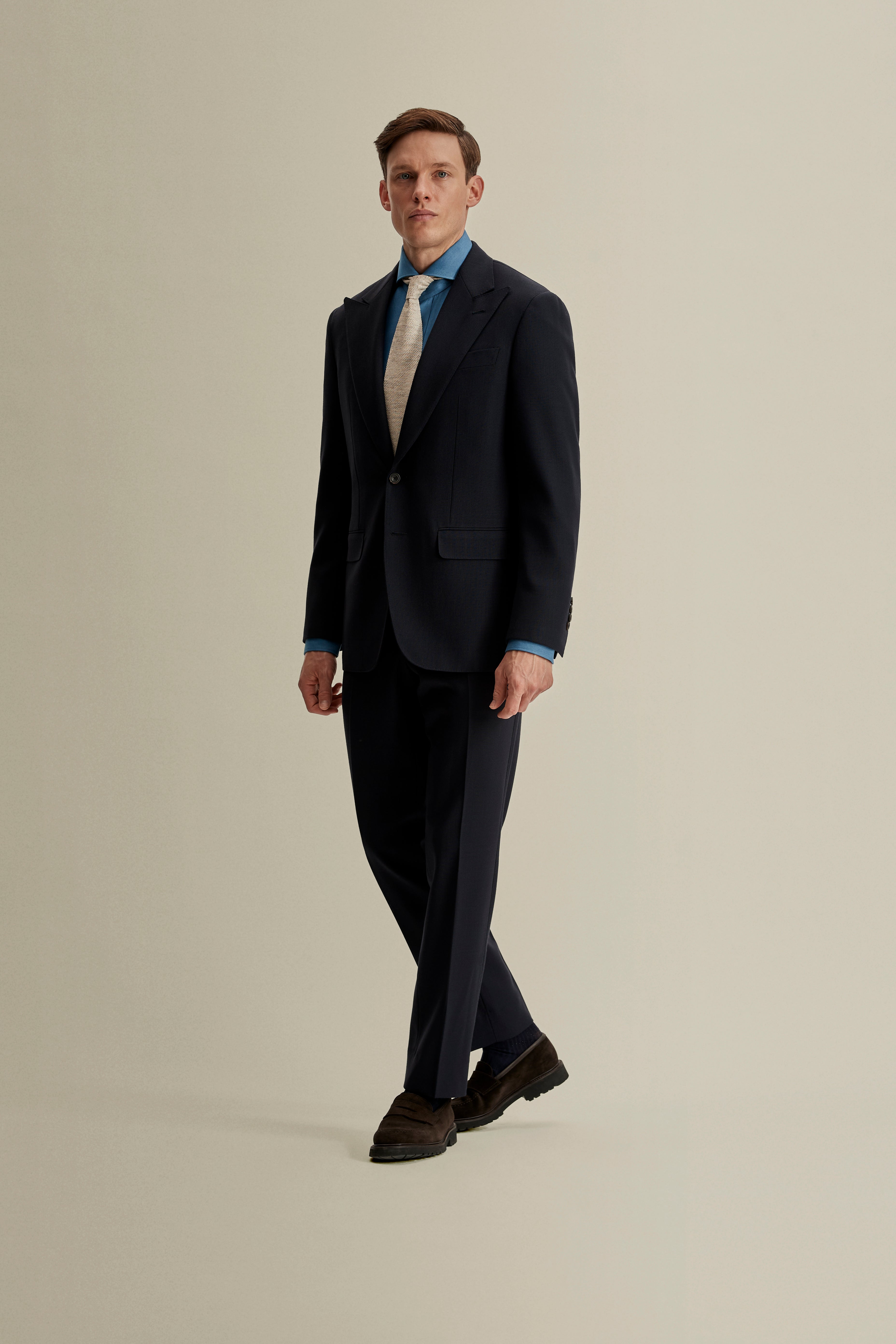 Wool Single Breasted Wide Peak Lapel Suit Navy Full length Model Image