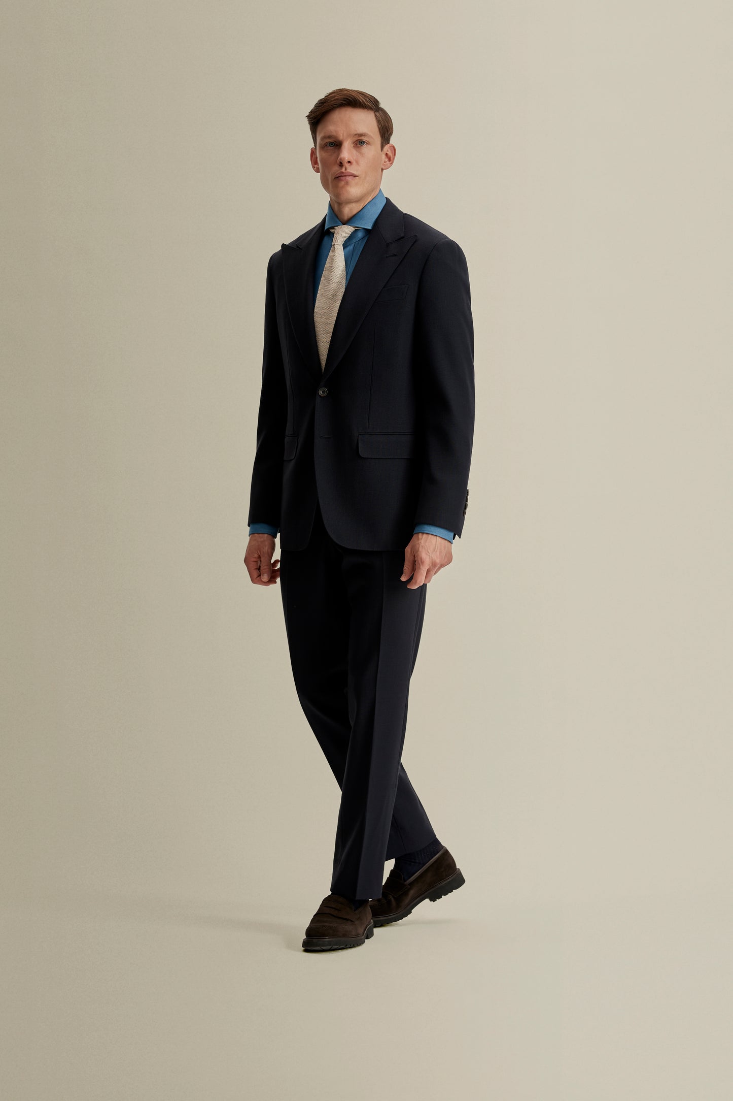 Wool Single Breasted Wide Peak Lapel Suit Navy Full length Model Image