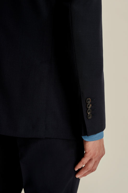 Wool Single Breasted Wide Peak Lapel Suit Navy Detail Model Image