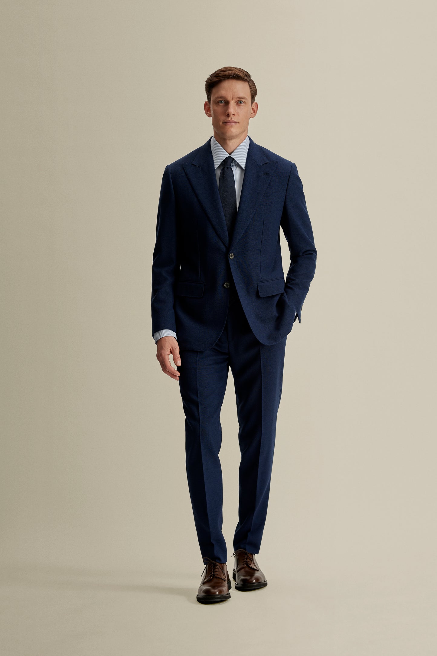 Single Breasted Wool Peak Lapel Suit French Navy Model Full Length
