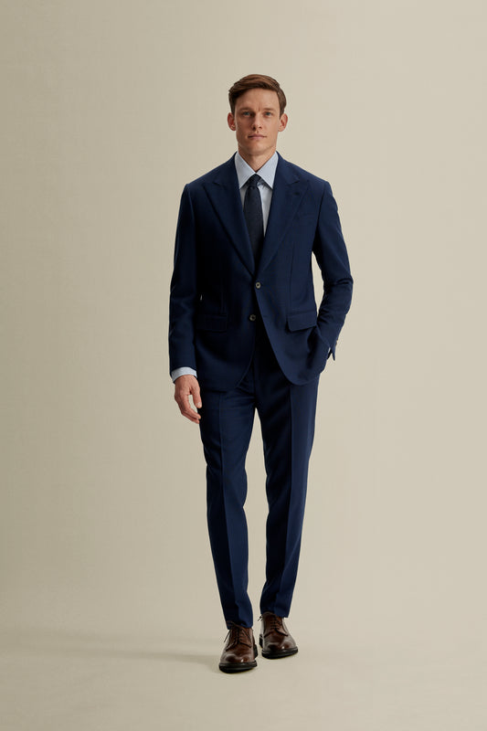 Single Breasted Wool Peak Lapel Suit French Navy Model Full Length