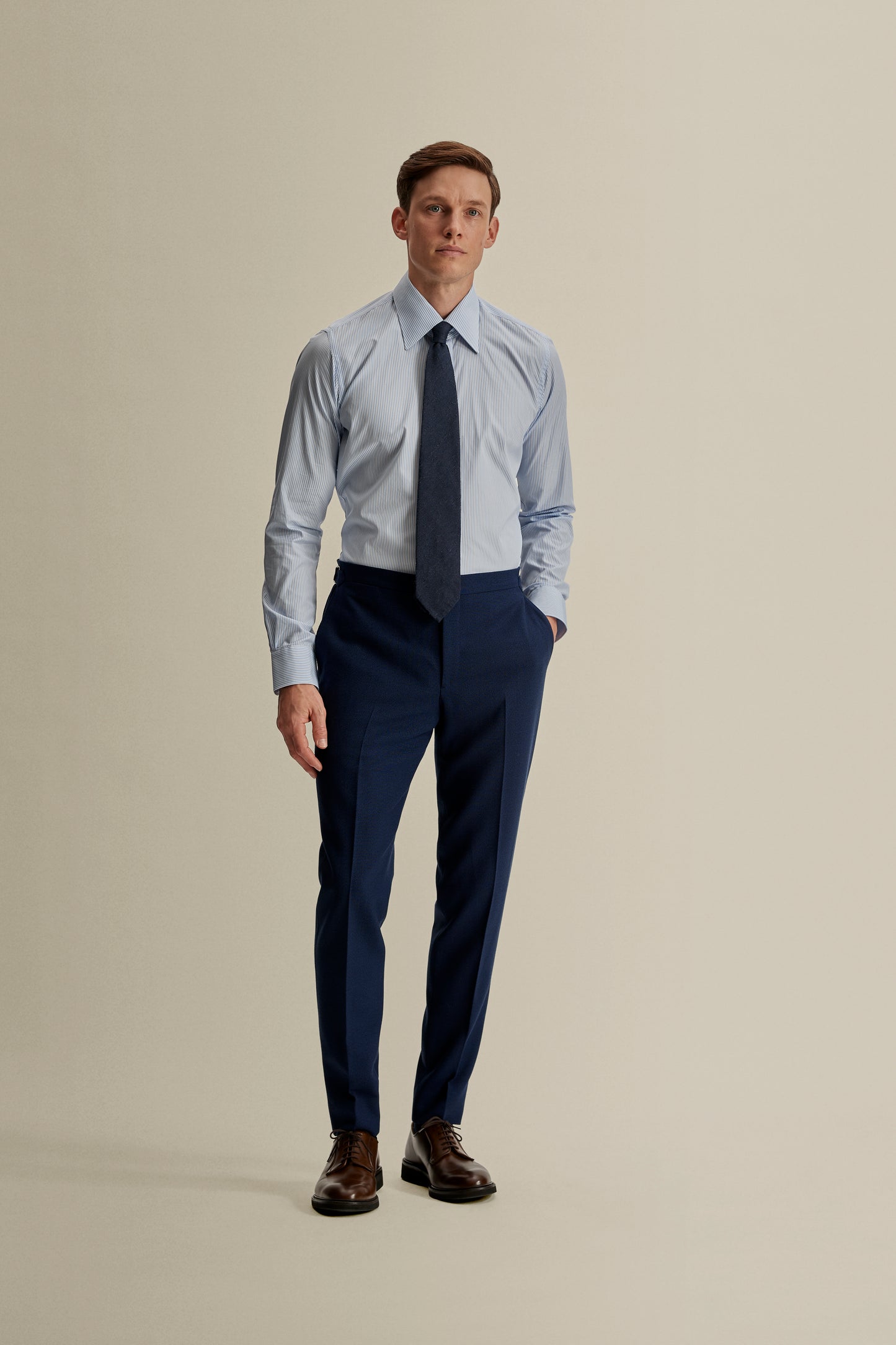 Solid Poplin Point Collar Bengal Stripe Shirt Full Length Model Image