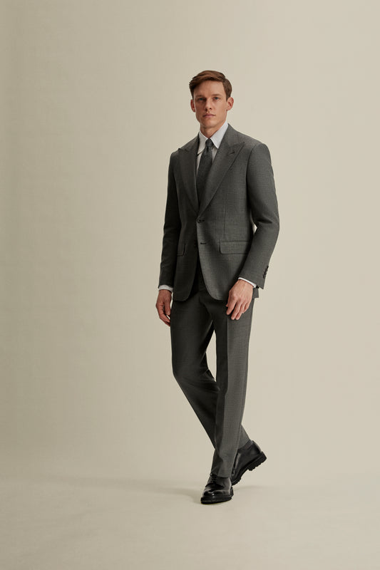 Single Breasted Wool Peak Lapel Suit Grey Model Full Length