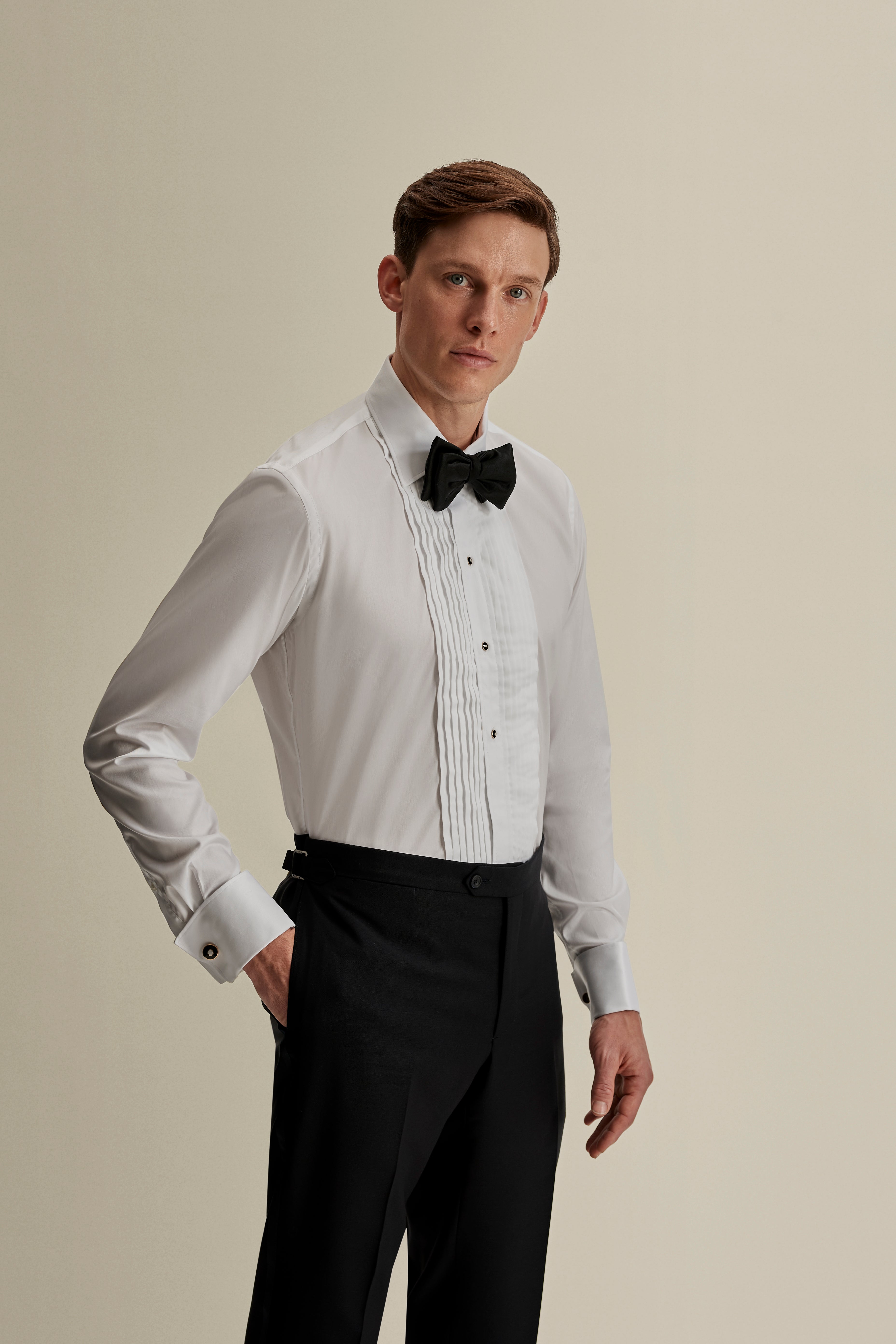 Duke of York Formal Shirt, White. Model 3/4 Length image