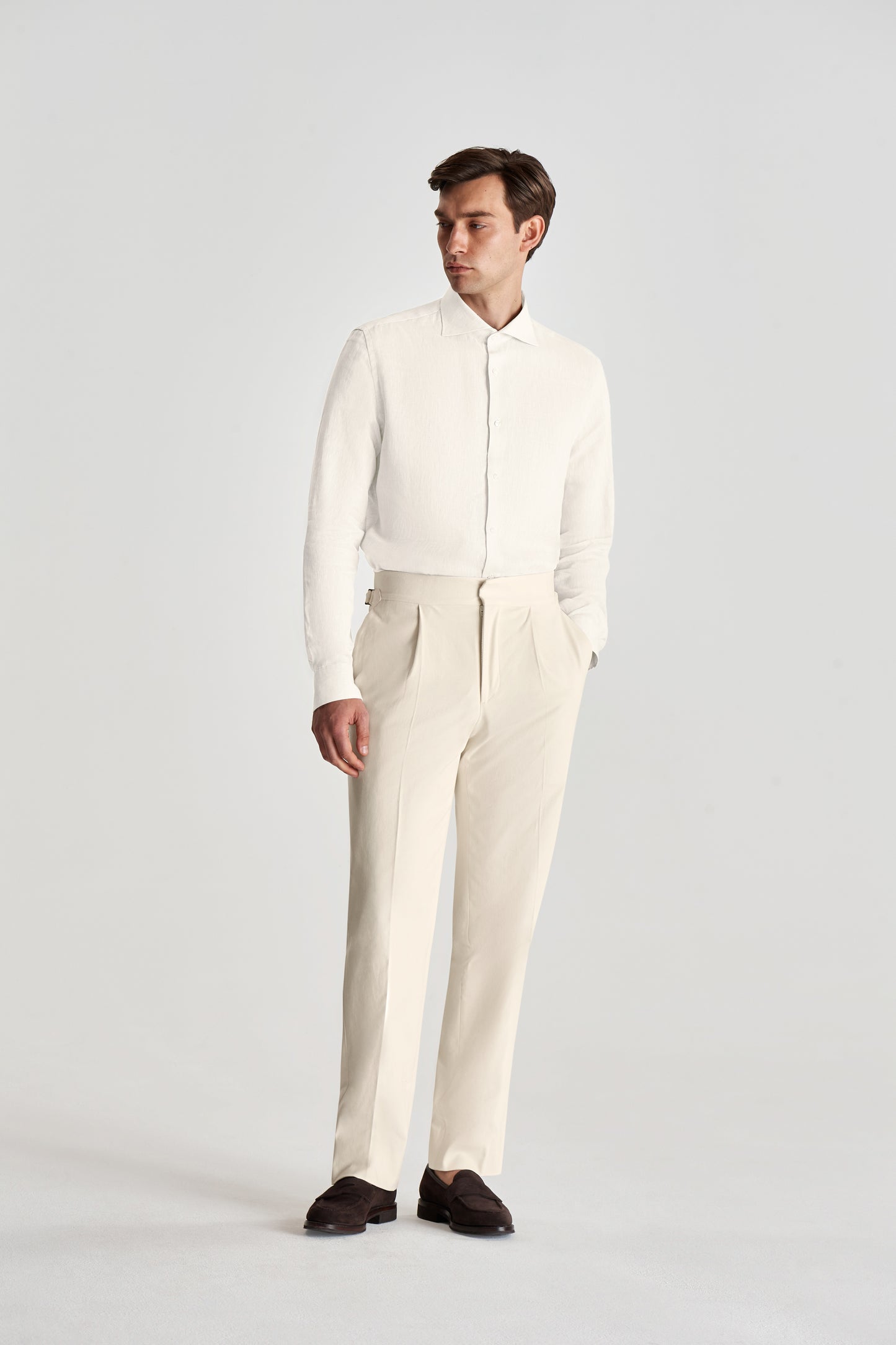 Cutaway Collar Linen Shirt Beige Model Full Length Image
