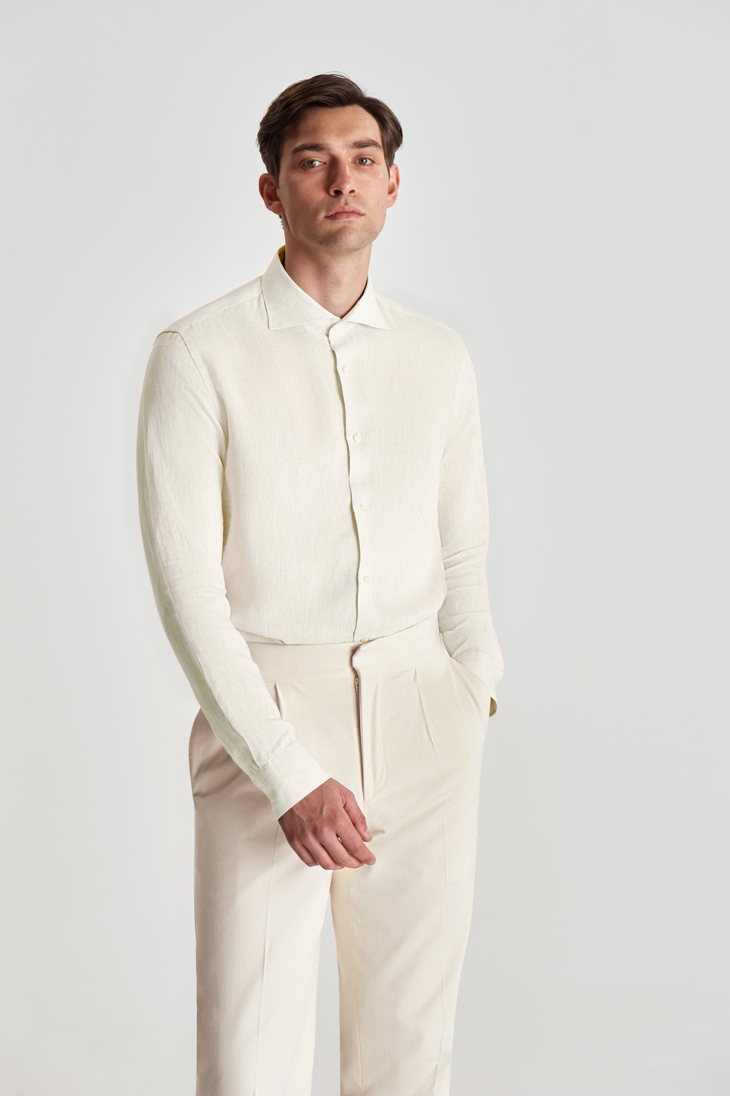 Cutaway Collar Linen Shirt Beige Model Crop Image