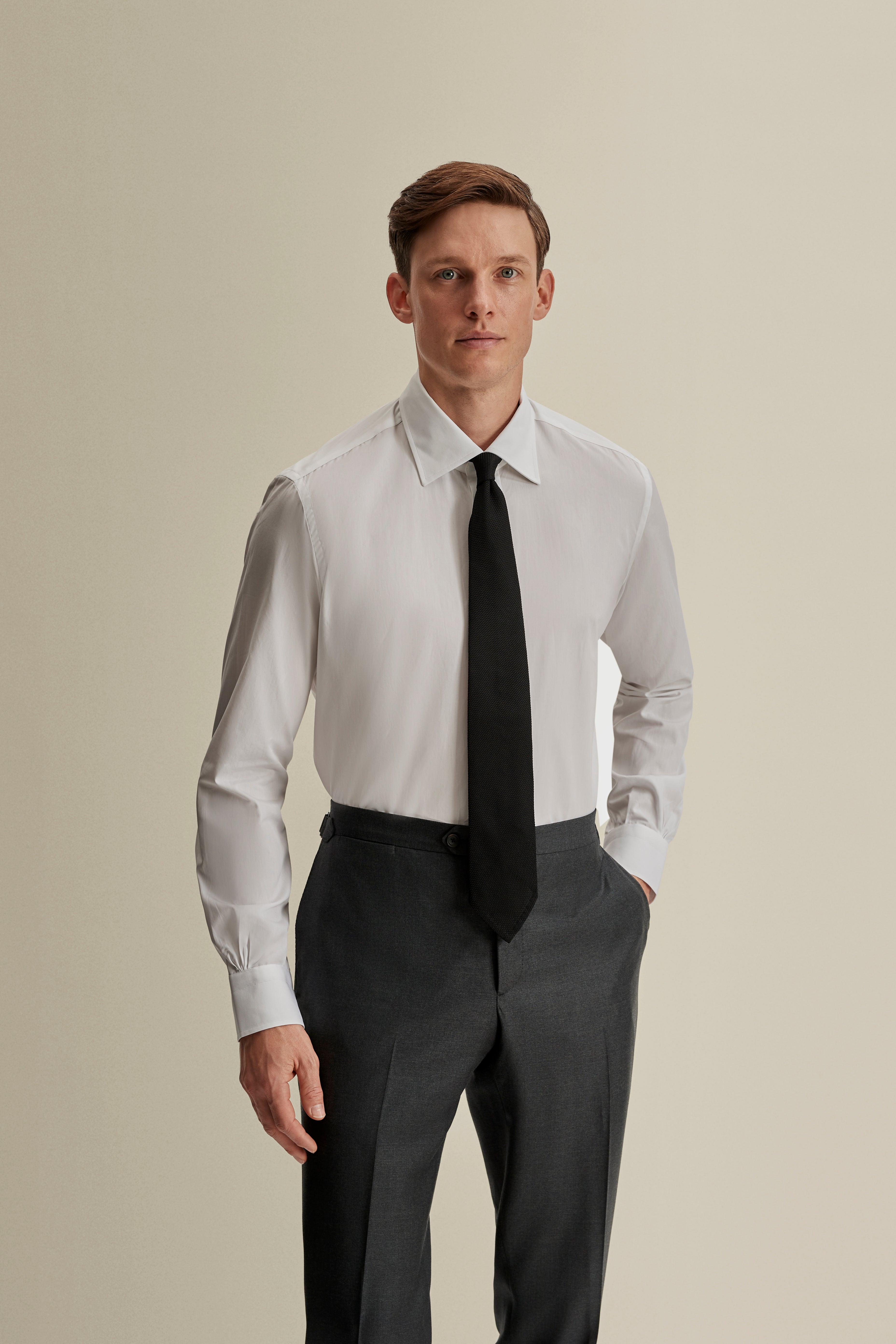 Solid Poplin Point Collar Shirt White Mid Crop Model Image