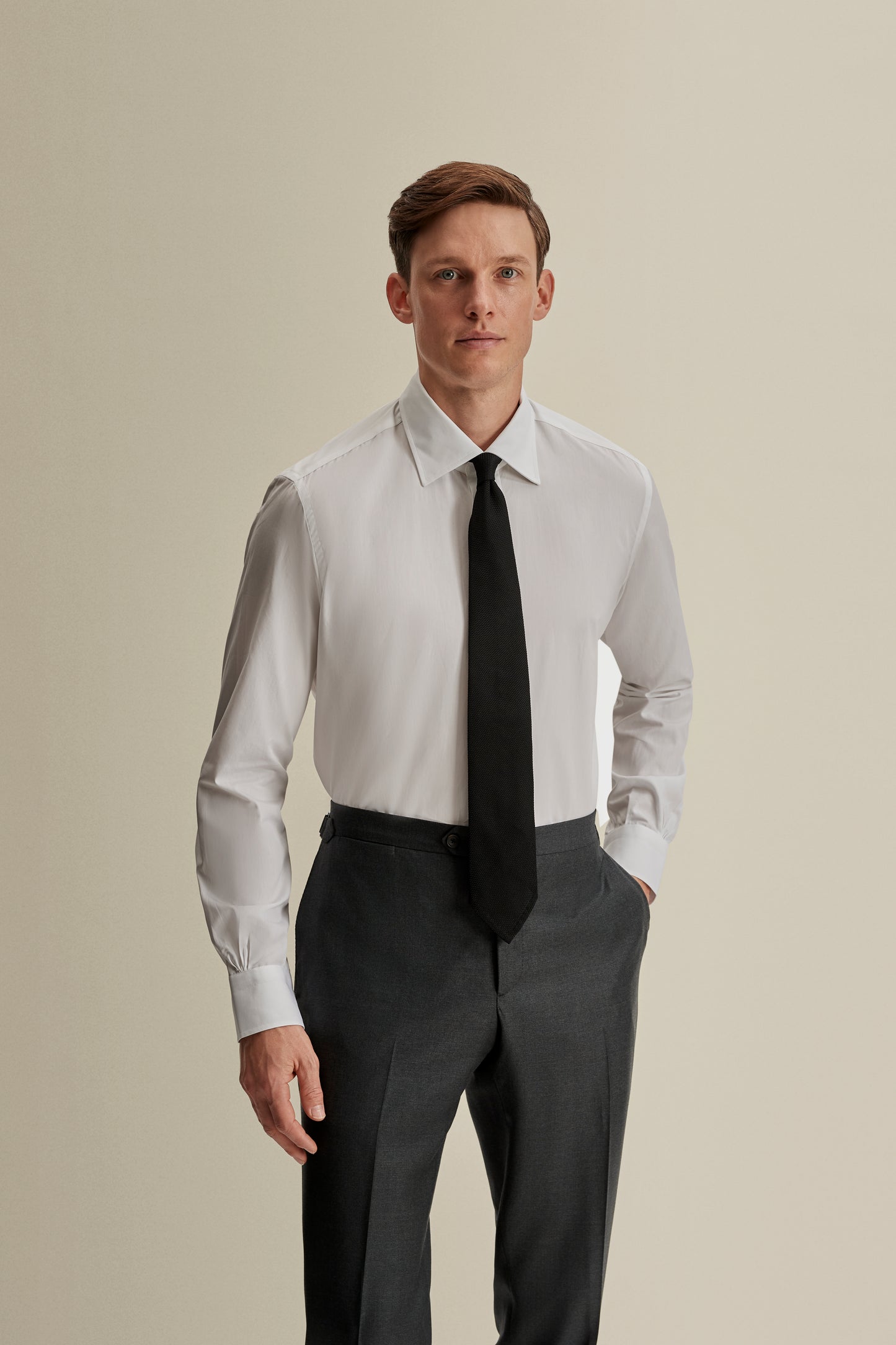 Solid Poplin Point Collar Shirt White Mid Crop Model Image