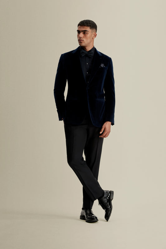 Velvet Single Breasted Peak Lapel Dinner Jacket Navy Model Full Length Image