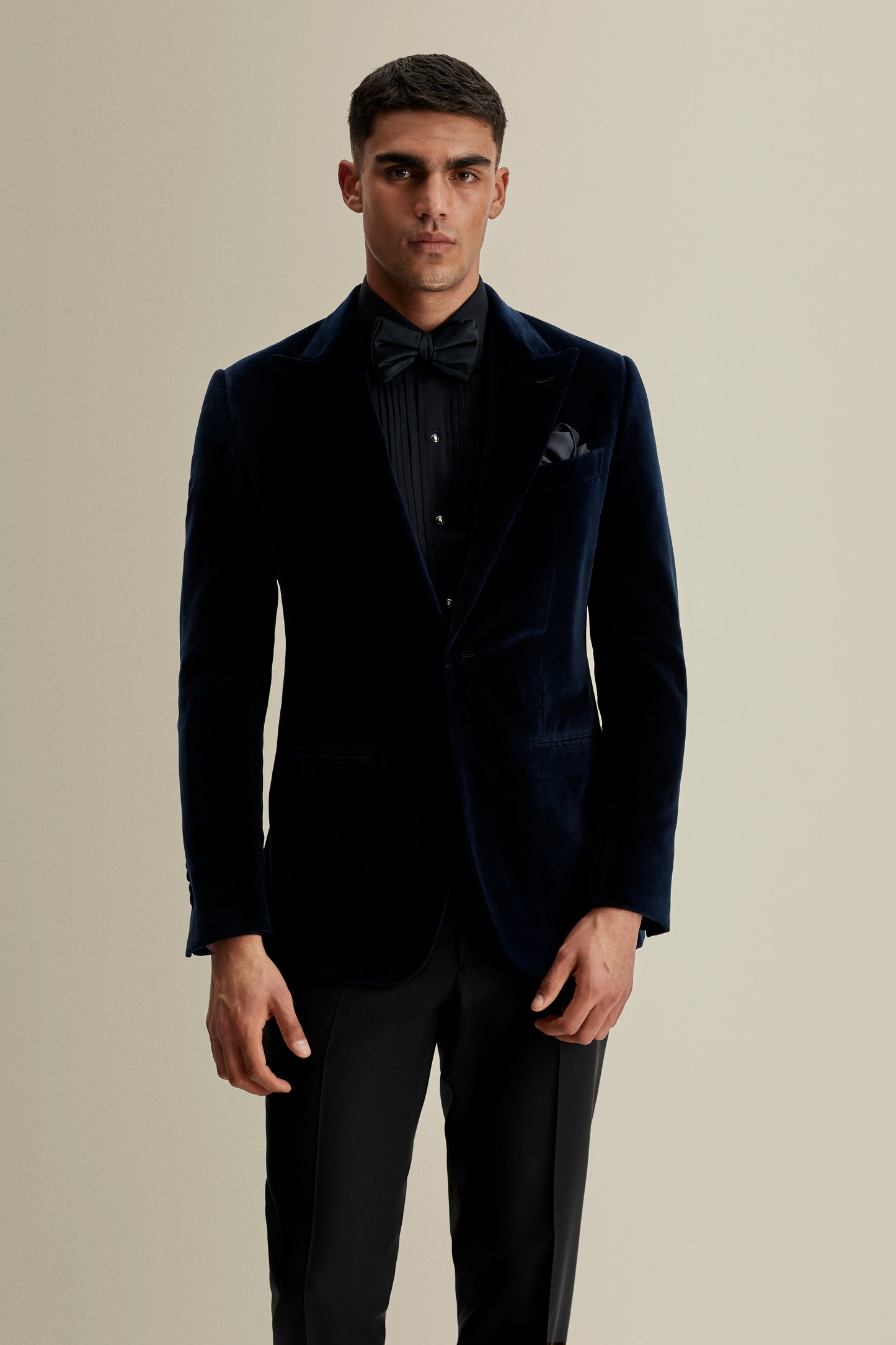 Velvet Single Breasted Peak Lapel Dinner Jacket Navy Model Crop Image