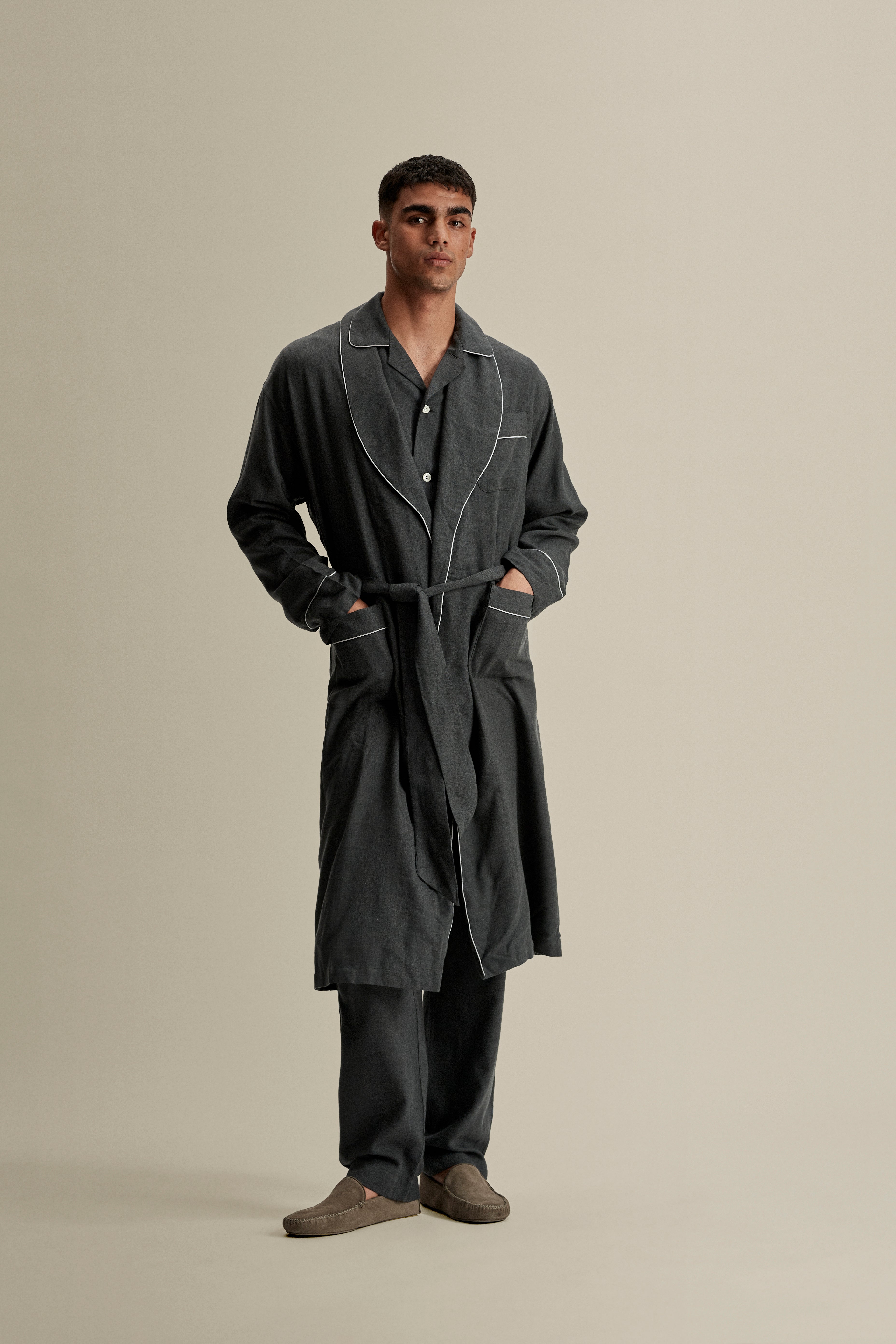 Brushed Cotton Dressing Gown Grey Full Length Image